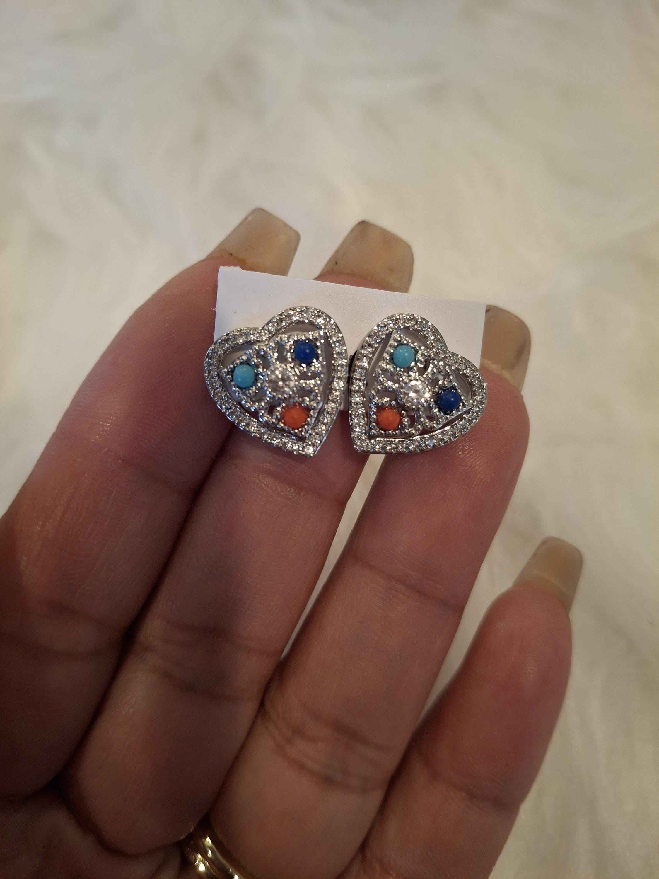Silver and color stones diamond heart earrings