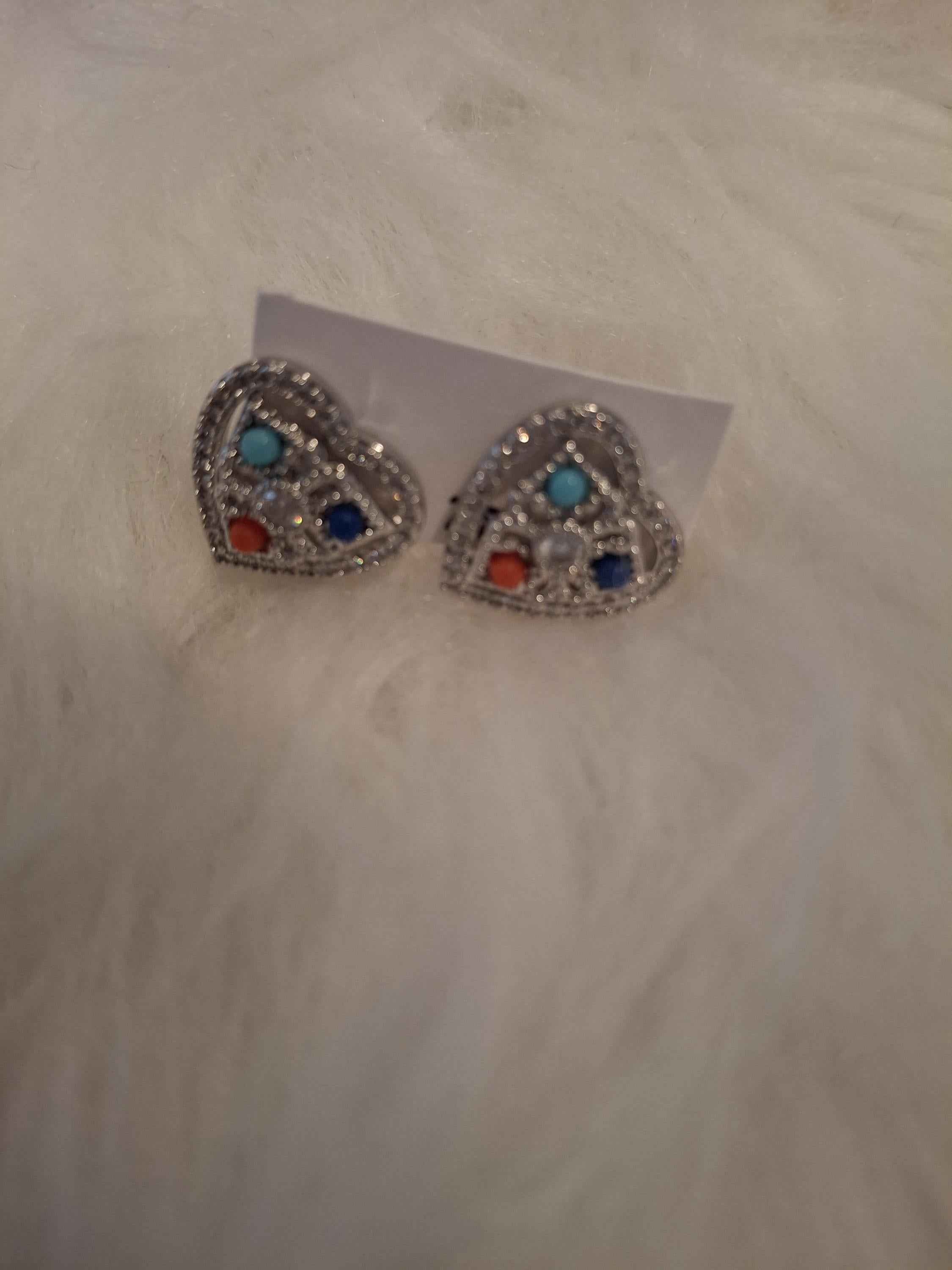 Silver and color stones diamond heart earrings