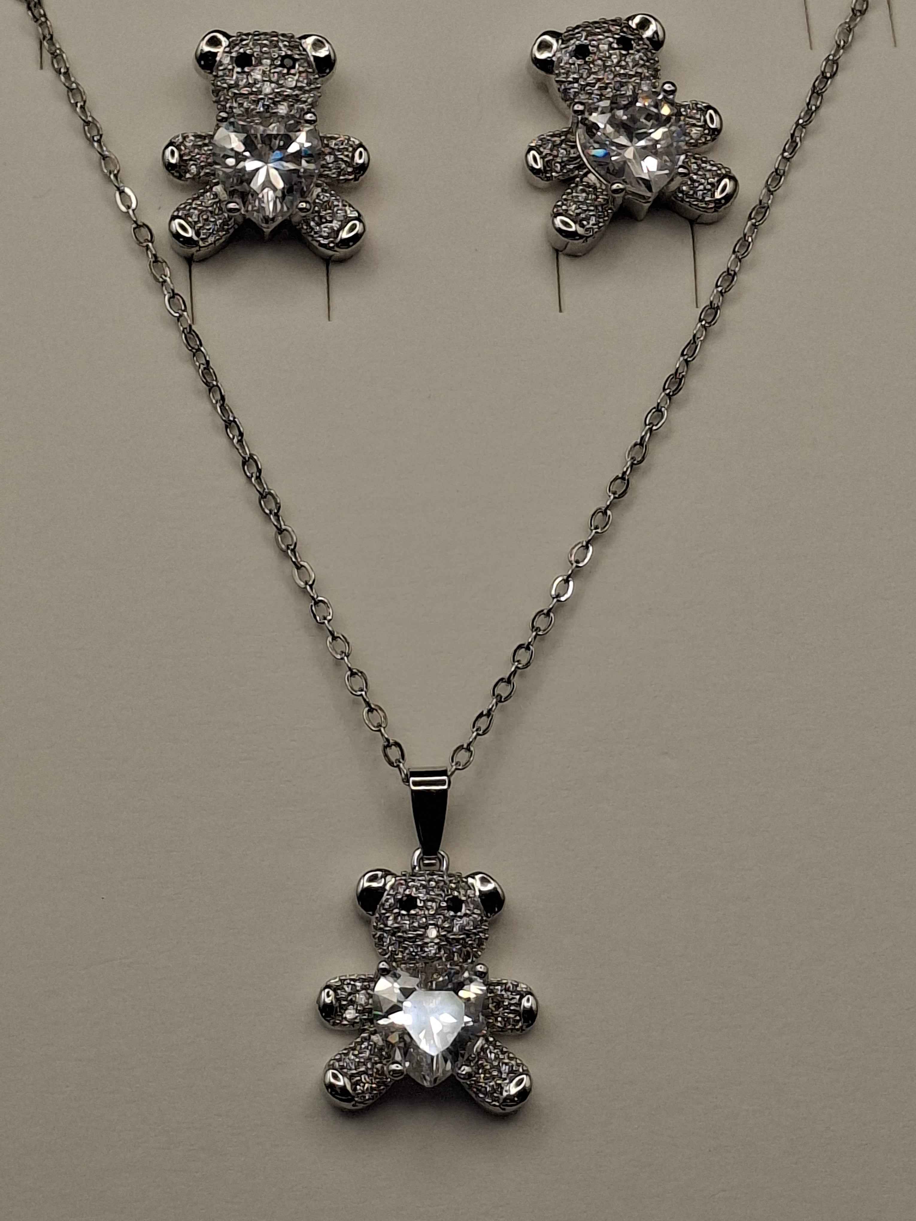 Silver plated diamond bear set