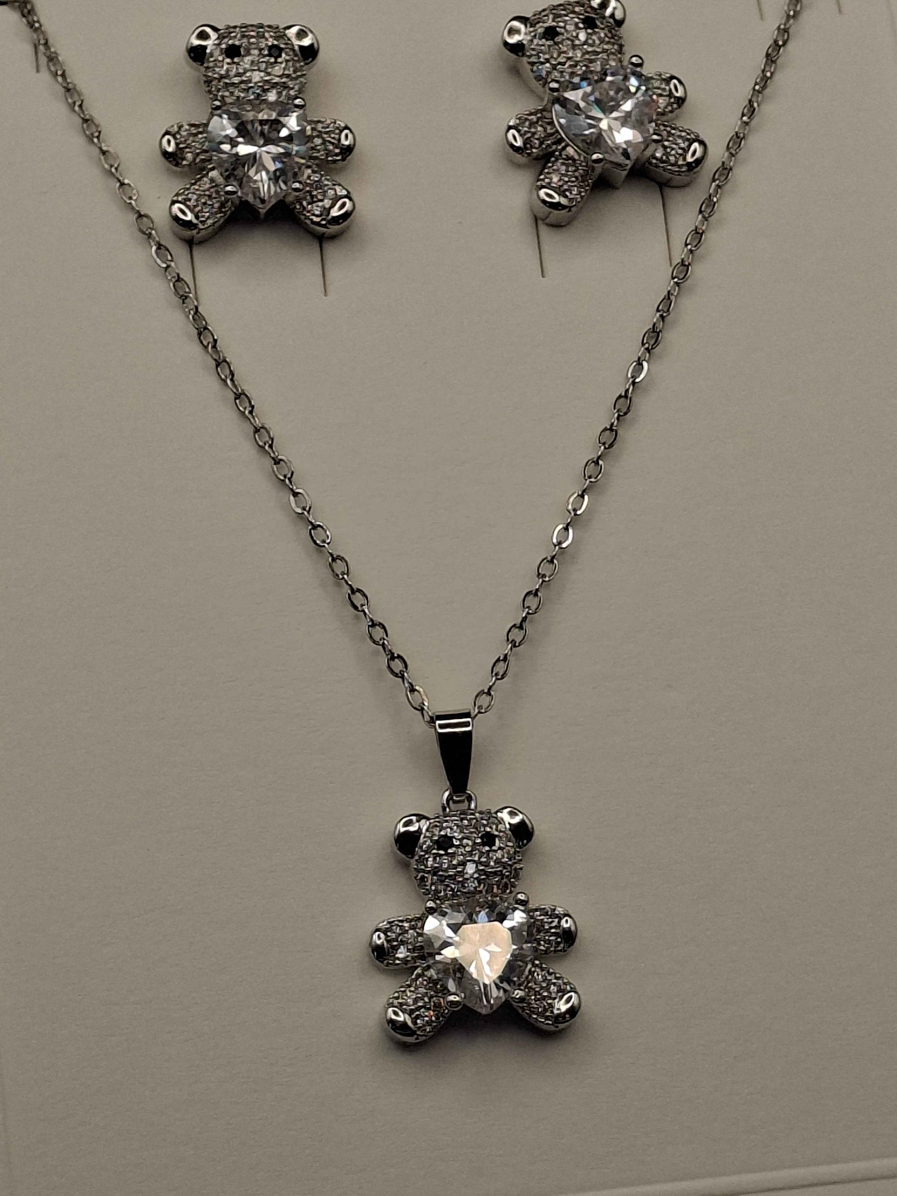 Silver plated diamond bear set
